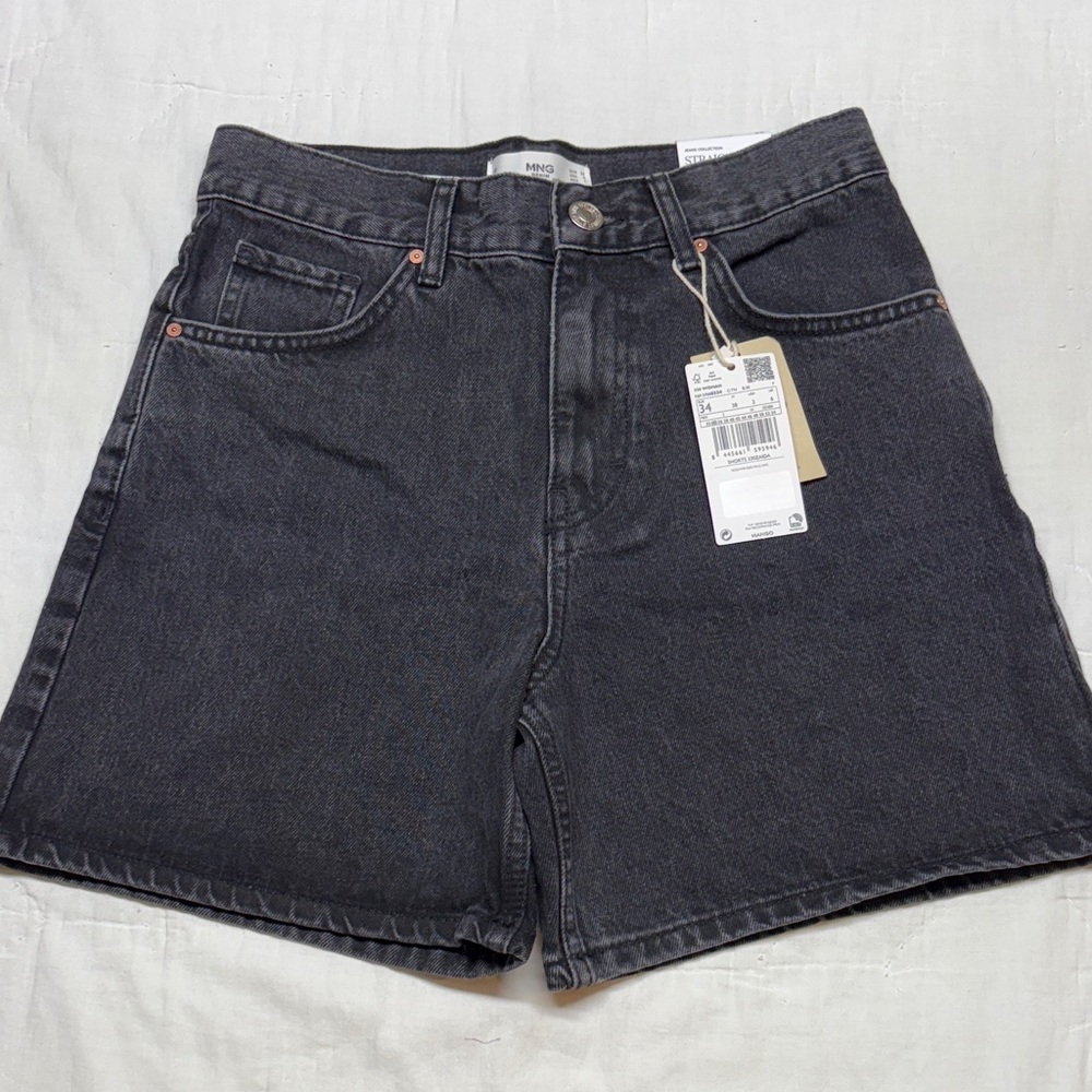 Mango Black High-Waisted A-Line Rigid 100% Cotton Denim Shorts Size 2 NWT